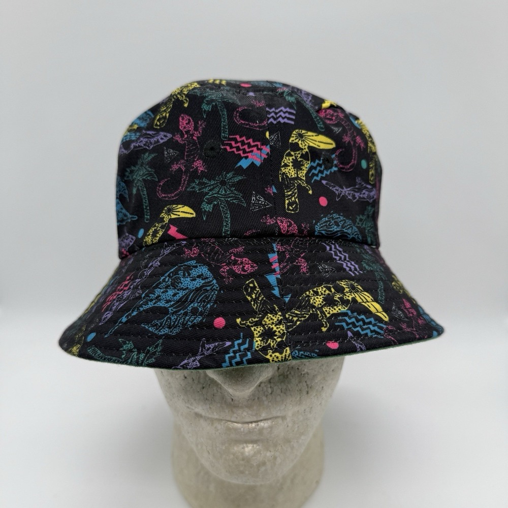 B Fresh Bucket Hat Neon Gecko Print Black Retro 90s Festival Streetwear Cap